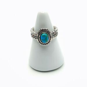 Turquoise Ring - Silver Feather Band - Southwest Coastal Cowgirl - Size 9